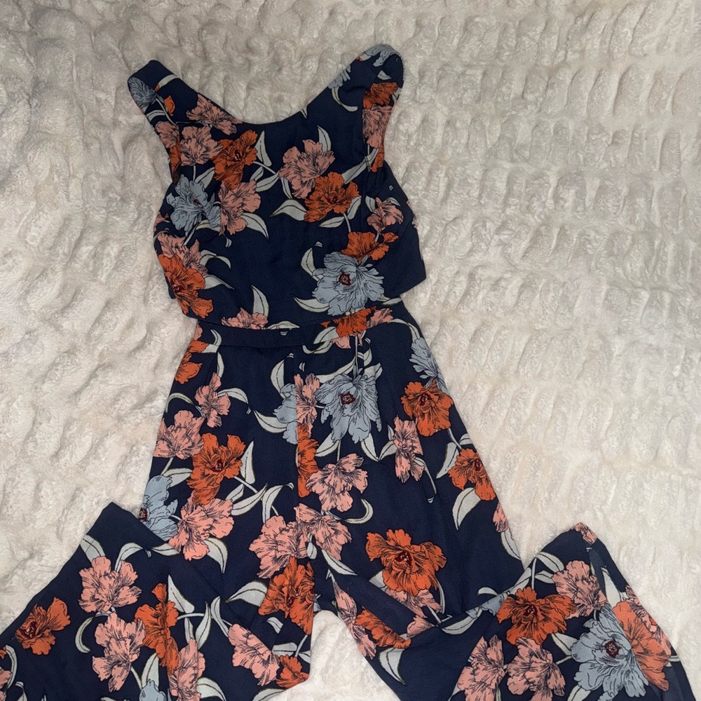 Floral Open-back Jumpsuit - Navy and Orange